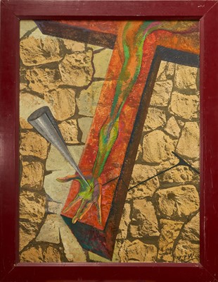 Lot 1107 - Phoebe Peto Willetts (1917-1978) poster paint on anaglyptic paper - The Crucified by the Bomb, signed with initials, 121cm x 91cm, framed