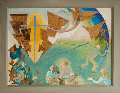 Lot 1109 - Phoebe Peto Willetts (1917-1978) poster paint and collage on anaglyptic paper - The Resurrection, 91cm x 121cm, framed