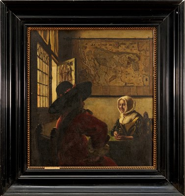 Lot 1016 - *Letitia Marion Hamilton (1878-1964) oil on canvas after Vermeer, Officer and a Laughing Girl, an early work, probably whilst styling, 48.5cm x 43cm, in gilt and ebonised frame. Provenanc...