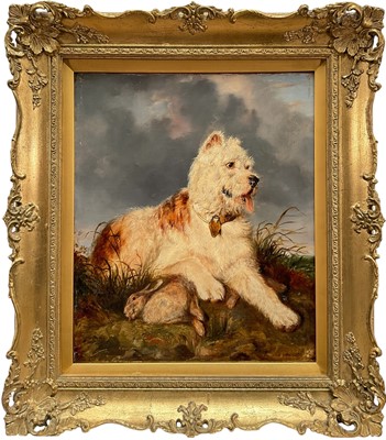 Lot 982 - English School, 19th century, oil on canvas - Retriever with a Dead Rabbit, 36cm x 30cm, in gilt frame