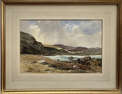 Lot 87 - James Fletcher-Watson (1913-2004) Evening Light, Upper Loch Torridon, watercolour, signed and dated 1984, 23.5cm x 35.5cm, label verso, in glazed frame