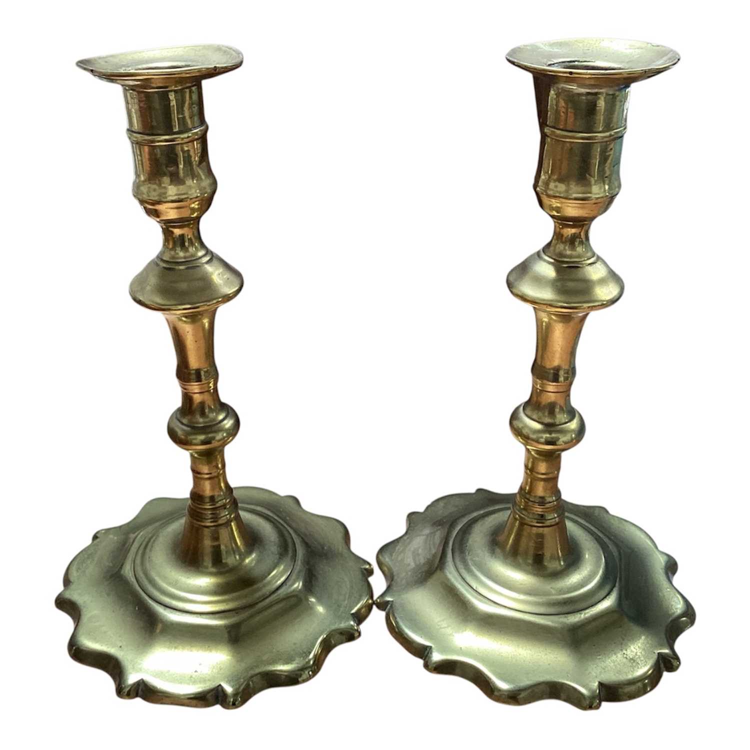 Lot 5084 - Pair of Georgian brass candle sticks with ejectors, 21cm tall