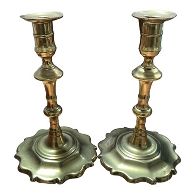 Lot 5084 - Pair of Georgian brass candle sticks with ejectors, 21cm tall