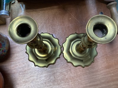 Lot 5084 - Pair of Georgian brass candle sticks with ejectors, 21cm tall
