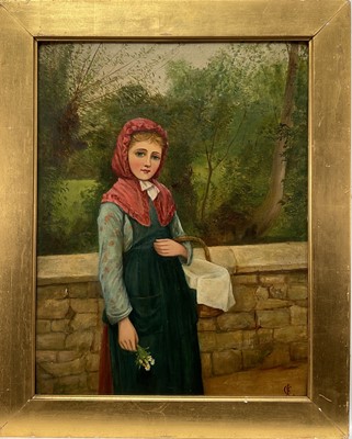 Lot 1135 - Charles Sillem Lidderdale (1831-1895) oil on board - a young lady standing by a wall, a posy of flowers in one hand and a basket in the other.