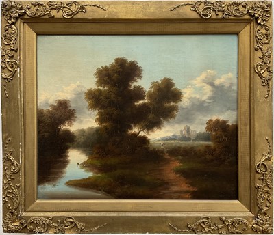 Lot 1138 - English School, 19th century, oil on canvas - Wooded river landscape with a figure on a track and buildings beyond, 49 x 59cm, in gilt frame