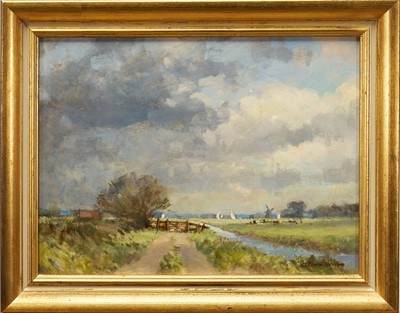 Lot 1165 - Owen Waters (1916-2004) oil on board, Marsh View Norfolk, signed, titled verso, 29cm x 39cm, framed