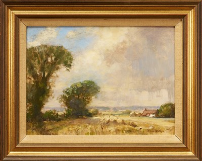 Lot 1167 - Owen Waters (1916-2004) oil on board, Harvest Field near Beccles, signed, titled verso, 21cm x 29cm, framed