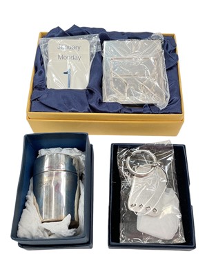 Lot 141 - Contemporary silver Carr's desk calendar (Sheffield 2000), boxed as new, contemporary silver key ring (Birmingham 1998), boxed as new, and contemporary silver pencil sharpener (London 1998), boxed