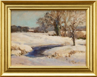Lot 1169 - Owen Waters (1916-2004) oil on board, Frozen Fields Norfolk, signed, titled verso, 21cm x 29cm, framed