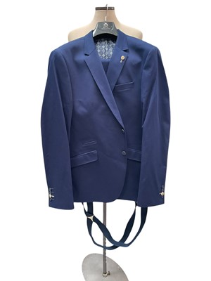 Lot 2558 - Gentlemen's Guide London blue cotton mix suit UK 46, trousers with braces size 38, Guide London wool mix checked suit size 44, F LLi Cerruti wool suit with braces.