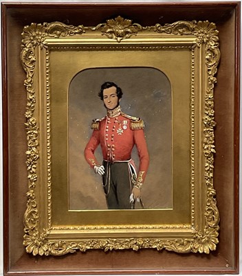 Lot 1143 - English School, circa 1825-1830, watercolour - Portrait of an Officer, indistinctly signed and inscribed, further indistinctly inscribed verso, 20.5cm x 15cm, in glazed frame