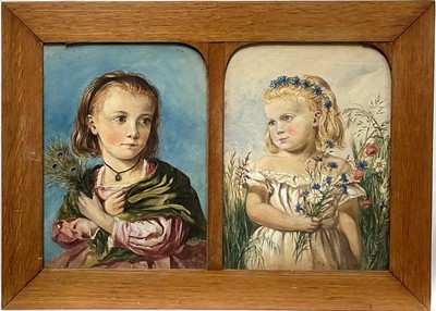 Lot 1123 - The Hon. Mrs William Lowther, watercolour, double portrait of sisters Mildred Lowther (1890-1973) and Mabel Cecily Lowther (1862-1949), framed as one, 28cm x 20cm, each. Provenance: The...