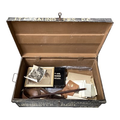 Lot 5167 - Military metal trunk containing a WWII brown leather belt and associated items