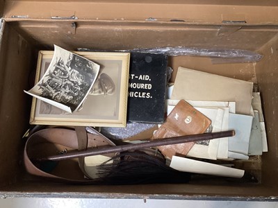 Lot 5167 - Military metal trunk containing a WWII brown leather belt and associated items
