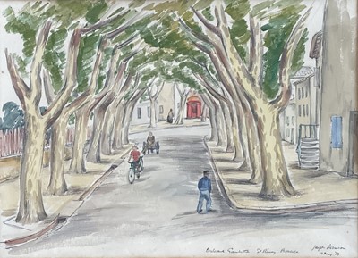 Lot 107 - Joseph Robinson (1910-1986) pencil and watercolour 'Boulevard Gambetta, St. Remy, Provence' signed and dated 10th May 1939, 31cm x 43cm, in glazed frame.