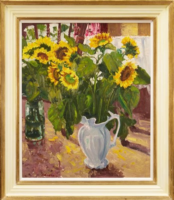 Lot 1020 - *Geoffrey Chatten (1938-2025) oil on canvas, Still life of Sunflowers in a jug, signed, dated 1998 verso, 74cm x 61cm, framed