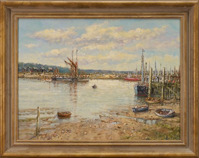 Lot 1127 - *John Sutton (b. 1935) oil on canvas, Ebb of the Tide Southwold, signed, titled verso, 43cm x 59cm, framed