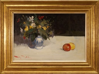 Lot 1128 - *Roy Petley (b. 1951) oil on canvas board, Flowers and Fruit, signed, 39cm x 60cm, framed