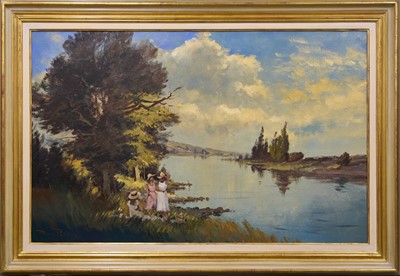 Lot 1009 - *Roy Petley (b.1951) oil on board, Banks of the Dordogne, signed, gallery label verso, 96cm x 151cm, framed