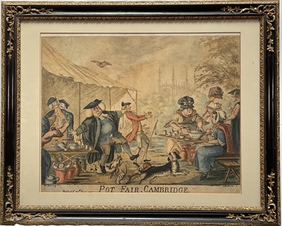 Lot 1186 - After Henry Bunbury (1750-1811), hand coloured etching, Pot Fair, Cambridge, by James Bretherton, pub. 25th June 1777, 38cm x 47.5cm, glazed gilt ebonised frame