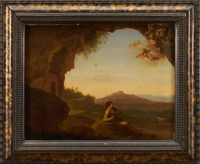 Lot 1180 - After Jan van Hanesbergen (1642-1705) oil on metal, Saint John the Baptist in the Wilderness with Cherubs above, in tortoiseshell frame