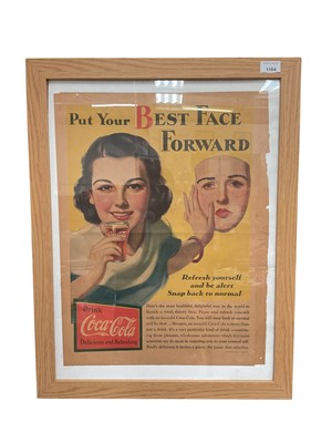 Lot 1164 - Advertising Coca Cola 'Put Your Best Face Forward' framed and glazed and printed on brown paper dated 1933