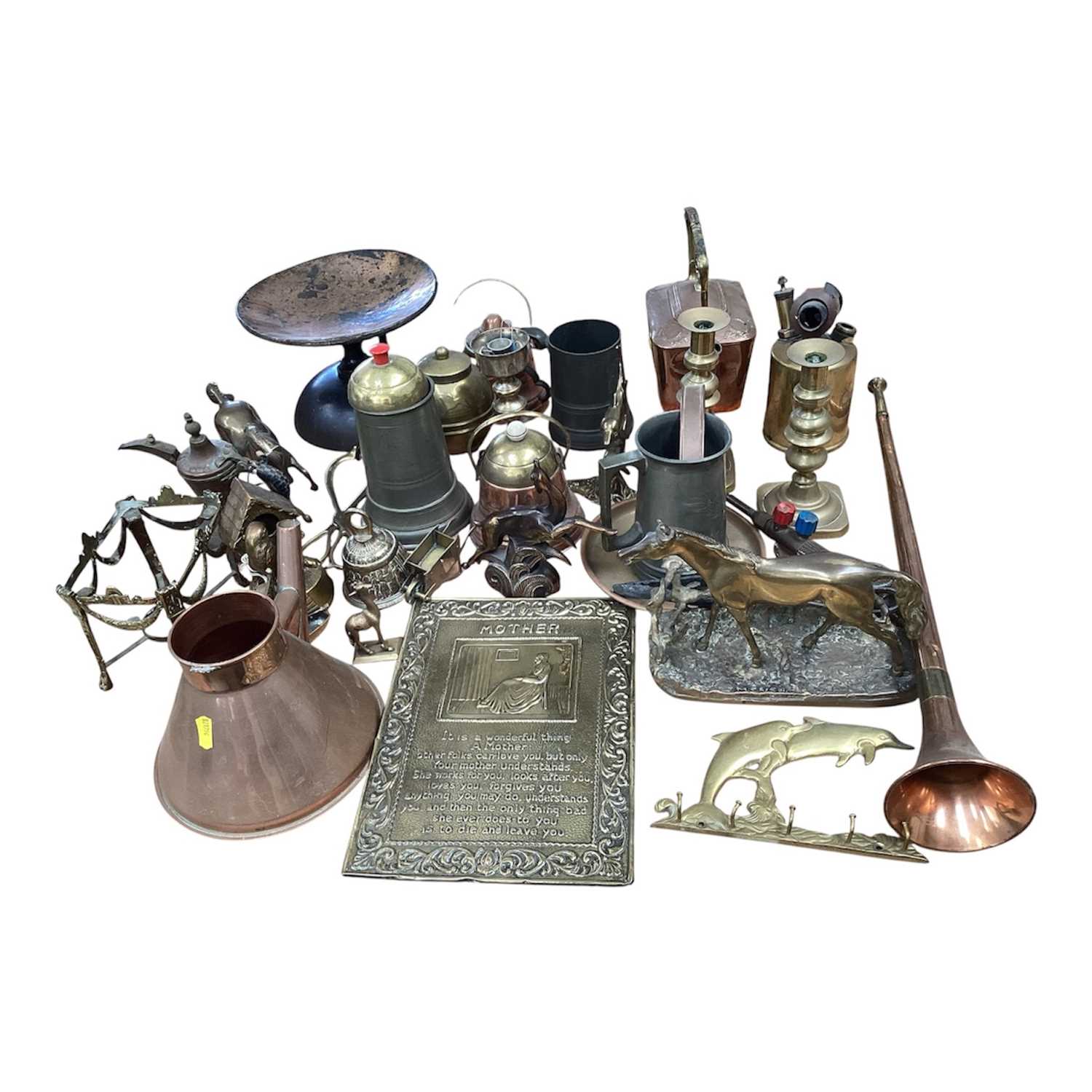 Lot 5180 - Group of brass and copper ware to include brass candle sticks, brass and copper horn, pewter mugs etc