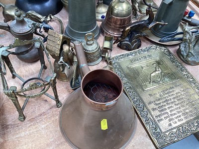 Lot 5180 - Group of brass and copper ware to include brass candle sticks, brass and copper horn, pewter mugs etc
