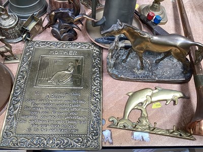 Lot 5180 - Group of brass and copper ware to include brass candle sticks, brass and copper horn, pewter mugs etc