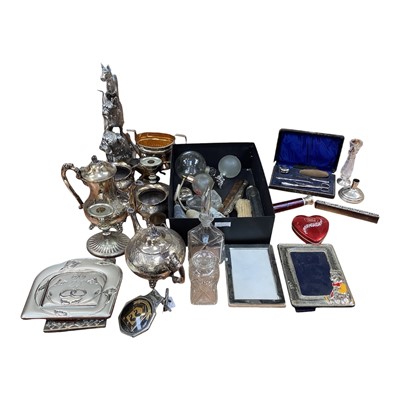 Lot 5177 - Collection of silver and silver plate to include a silver vanity set, silver plated photo frames, plated coffee pot etc