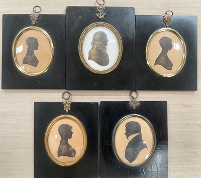 Lot 1203 - Group of five 19th century tinted portrait silhouettes including Vice Admiral Sir Benjamin Hallowell