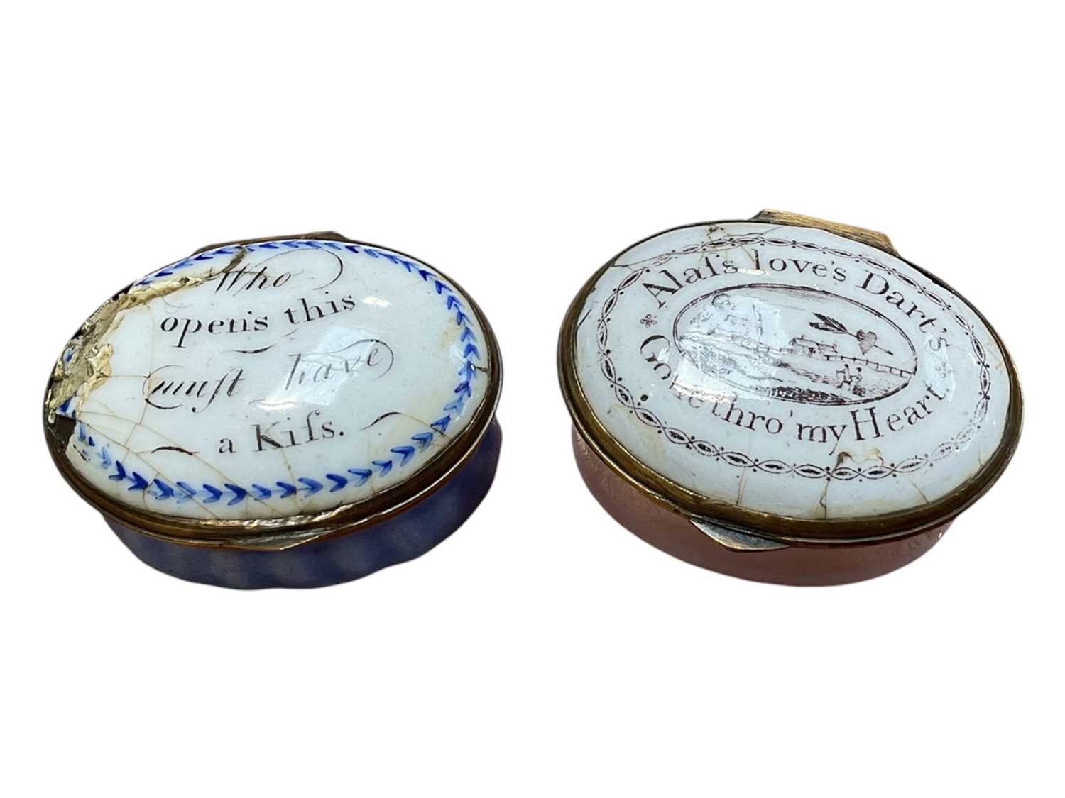 Lot 5091 - Two 18th century Staffordshire enamel patch boxes with mottos to the lids