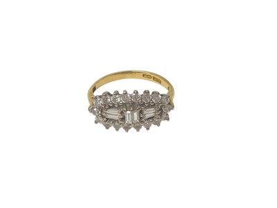 Lot 64 - 18ct gold diamond cluster ring, with brilliant cut and baguette cut diamonds, estimated to weigh approximately 1.50cts in total