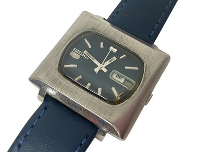 Lot 65 - 1970s Seiko 5 stainless steel wristwatch with a blue ‘TV’ dial, on a later blue leather strap