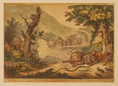 Lot 1187 - James Gillray (1756-1815) hand-coloured etching, The Wounded Lion, pub. H. Humphrey 16th July 1805, 25cm x 35cm, glazed frame