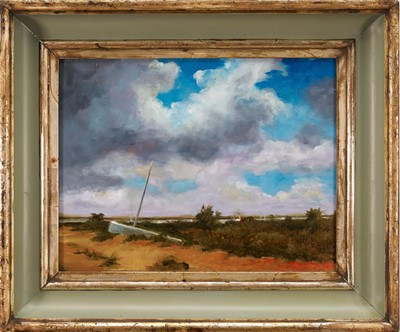Lot 1172 - Dave Ross, contemporary, oil on panel - Clouds, West Mersea, signed and dated '26, 31cm x 40.5cm, in painted and silvered frame