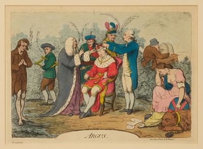 Lot 1190 - James Gillray (1756-1815) hand-coloured etching, Argus, pub. W. Renegal, May 15th 1780, 25cm x 35cm, glazed frame