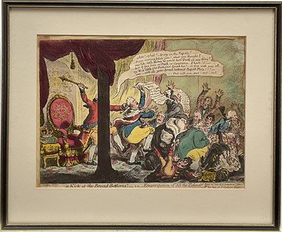 Lot 1189 - James Gillray (1756-1815) hand-coloured etching, A Kick at the broad bottoms!, pub. H. Humphrey, 23rd March 1807, 25cm x 35cm, glazed frame