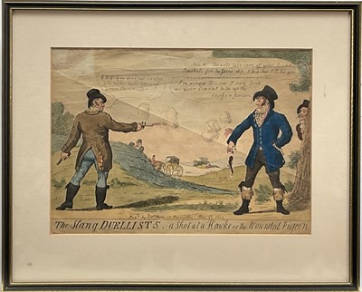 Lot 1192 - Isaac Cruickshank (1756-1811) hand-coloured etching, The Slang Duellists, pub. S.W. Fores, June 20th 1807, 23cm x 33cm, glazed frame