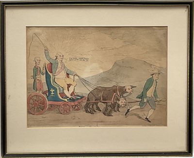 Lot 1193 - James Gillray (1756-1815) hand-coloured etching, Jove in his chair, pub. Elizabeth D’Archery, September 11th 1782, 24cm x 33cm, glazed frame