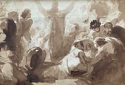 Lot 1182 - William II Hilton (1786-1839) sepia wash, sketch with figures, 13.5cm x 19.5cm, mounted in glazed frame