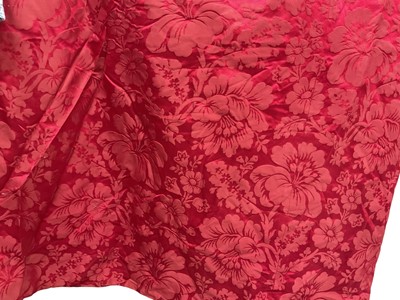 Lot 2578 - Four matching gold brocade lined curtains and one pair of red brocade curtain with fringing to one edge.