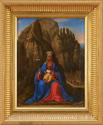 Lot 1177 - Cuzco School, 19th century, or earlier, oil on panel - The Virgin of Montserrat, 27.5cm x 20.5cm, in gilt frame