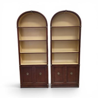 Lot 1328 - Decorative pair of 19th century style arched open bookcases, open shelves with enclosed cupboard below, 80 x 29 x 214xm high