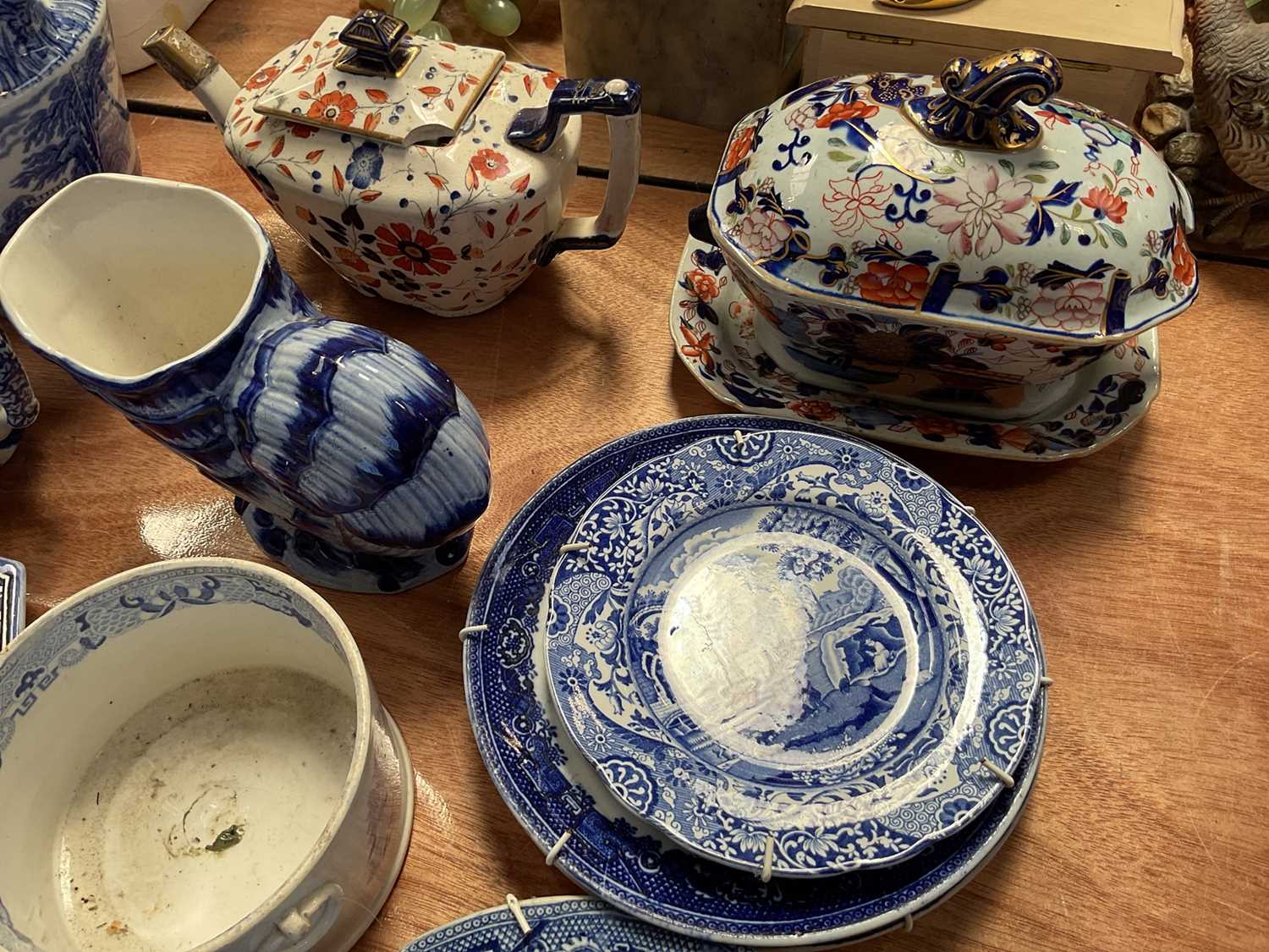 Lot 5170 - Group of mostly 19th century English ceramics, including a Mason's Ironstone tureen and stand, blue white transferware, etc