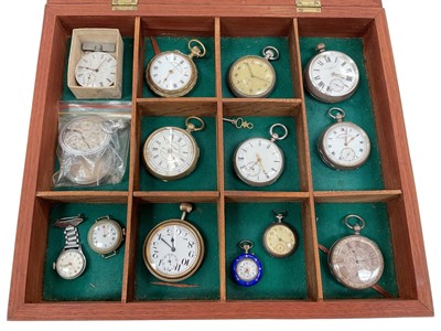 Lot 145 - Collection of various pocket watches including silver, within a glazed display case