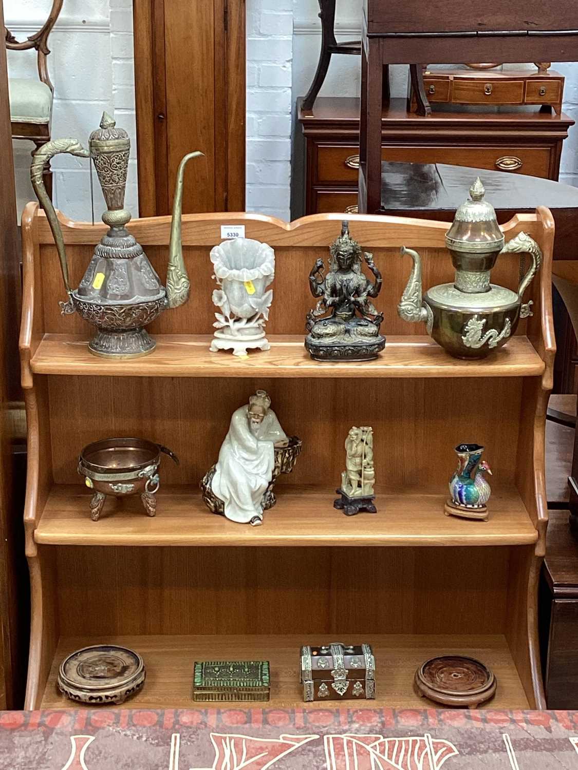 Lot 5092 - Group of oriental items including a Tibetan bronze Buddha, copper ewers etc