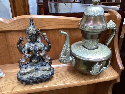 Lot 5092 - Group of oriental items including a Tibetan bronze Buddha, copper ewers etc