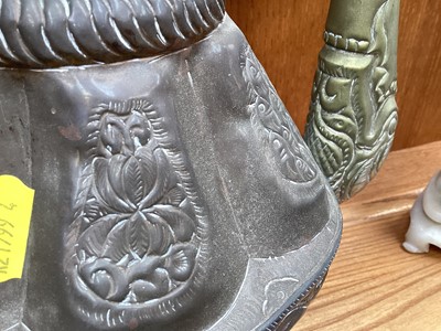 Lot 5092 - Group of oriental items including a Tibetan bronze Buddha, copper ewers etc